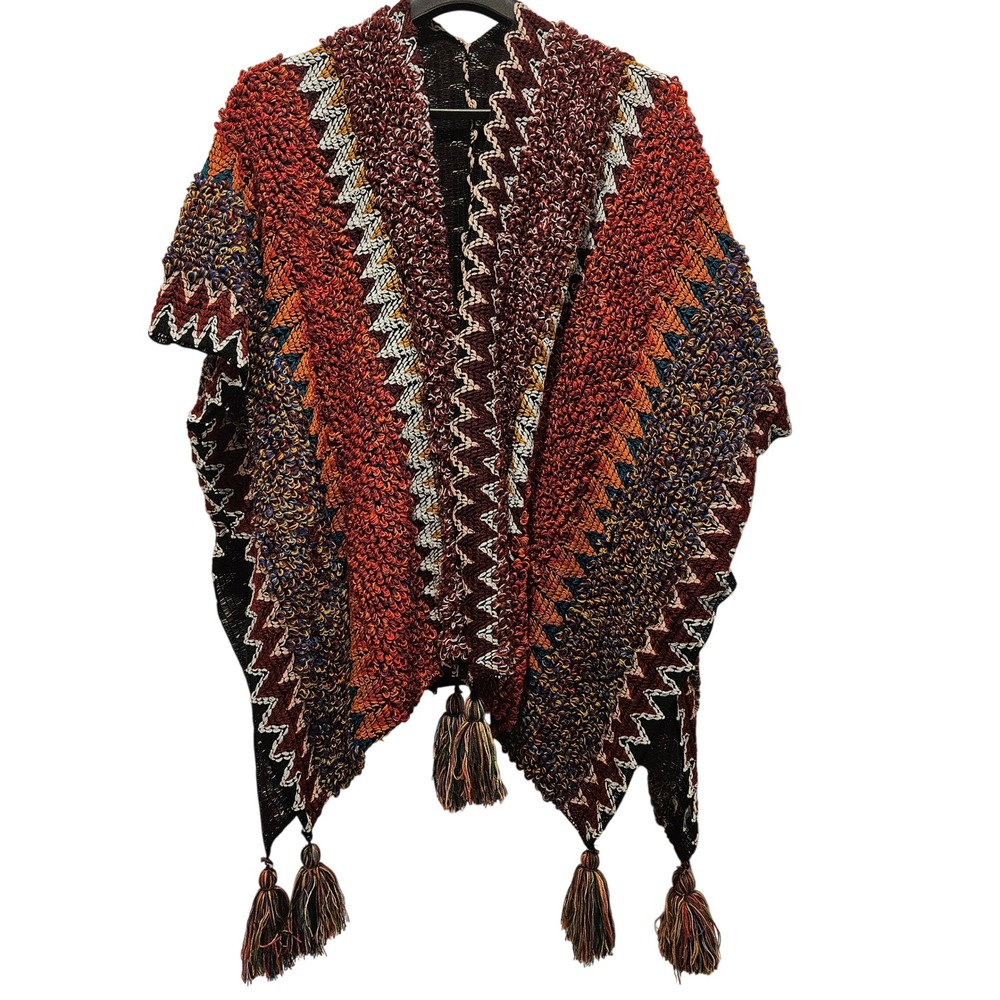 Bohemian Poncho OS Multi Color Knit Chevron Tassel Wrap Southwestern Hippie Cozy